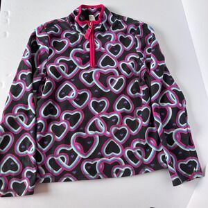 Old Navy Girls Fleece Pullover XL 14 Hearts Print Pink Quarter Zip Top‎